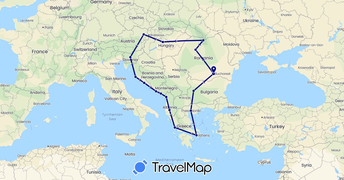 TravelMap itinerary: driving in Albania, Austria, Bulgaria, Greece, Croatia, Hungary, Montenegro, Romania, Slovenia (Europe)