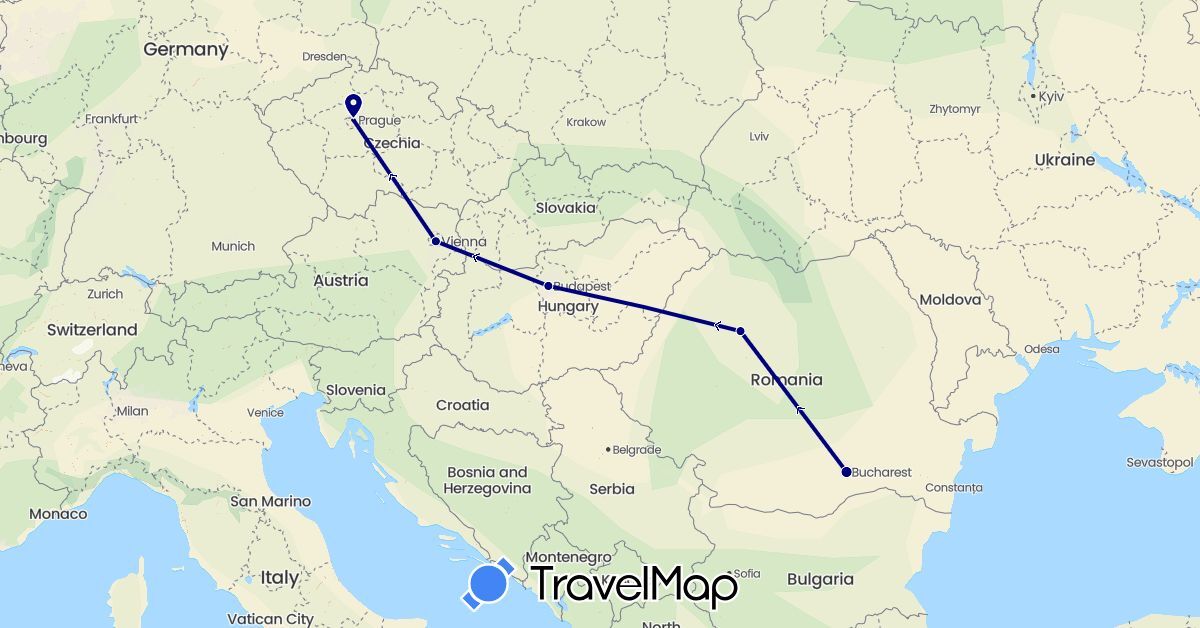 TravelMap itinerary: driving in Austria, Czech Republic, Hungary, Romania (Europe)